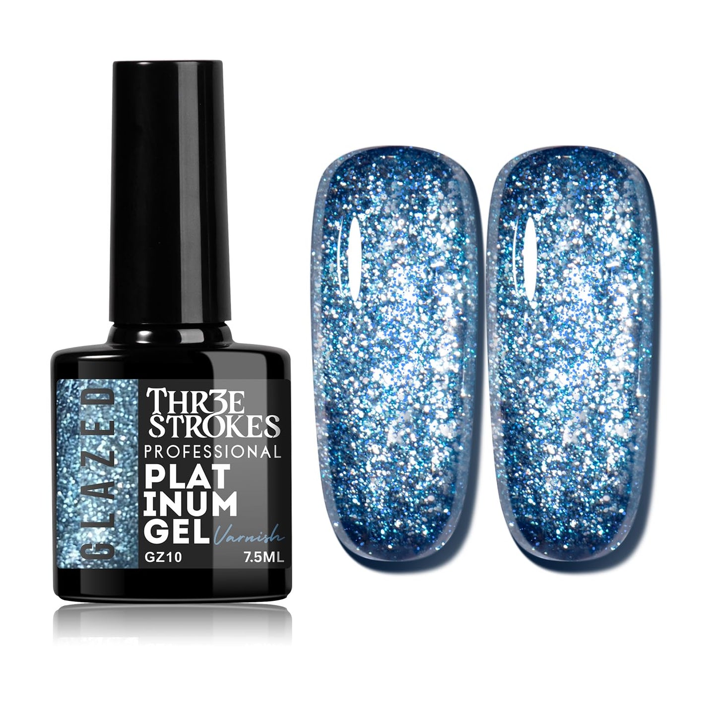 GV937 THR3E STROKES Glazed Platinum Glitter Gel Nail Polish | Super Shiny & Reflective | Professional Grade Nail Art Varnish | 12 Dazzling Colors | 7.5ml