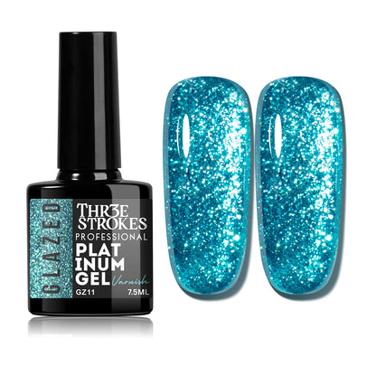 GV937 THR3E STROKES Glazed Platinum Glitter Gel Nail Polish | Super Shiny & Reflective | Professional Grade Nail Art Varnish | 12 Dazzling Colors | 7.5ml