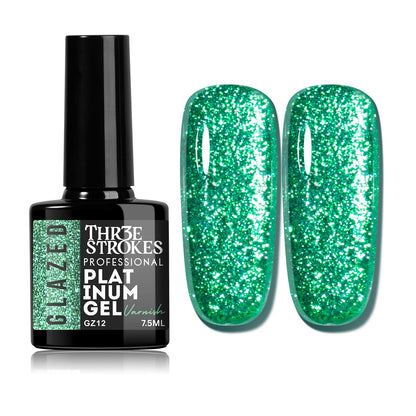 GV937 THR3E STROKES Glazed Platinum Glitter Gel Nail Polish | Super Shiny & Reflective | Professional Grade Nail Art Varnish | 12 Dazzling Colors | 7.5ml