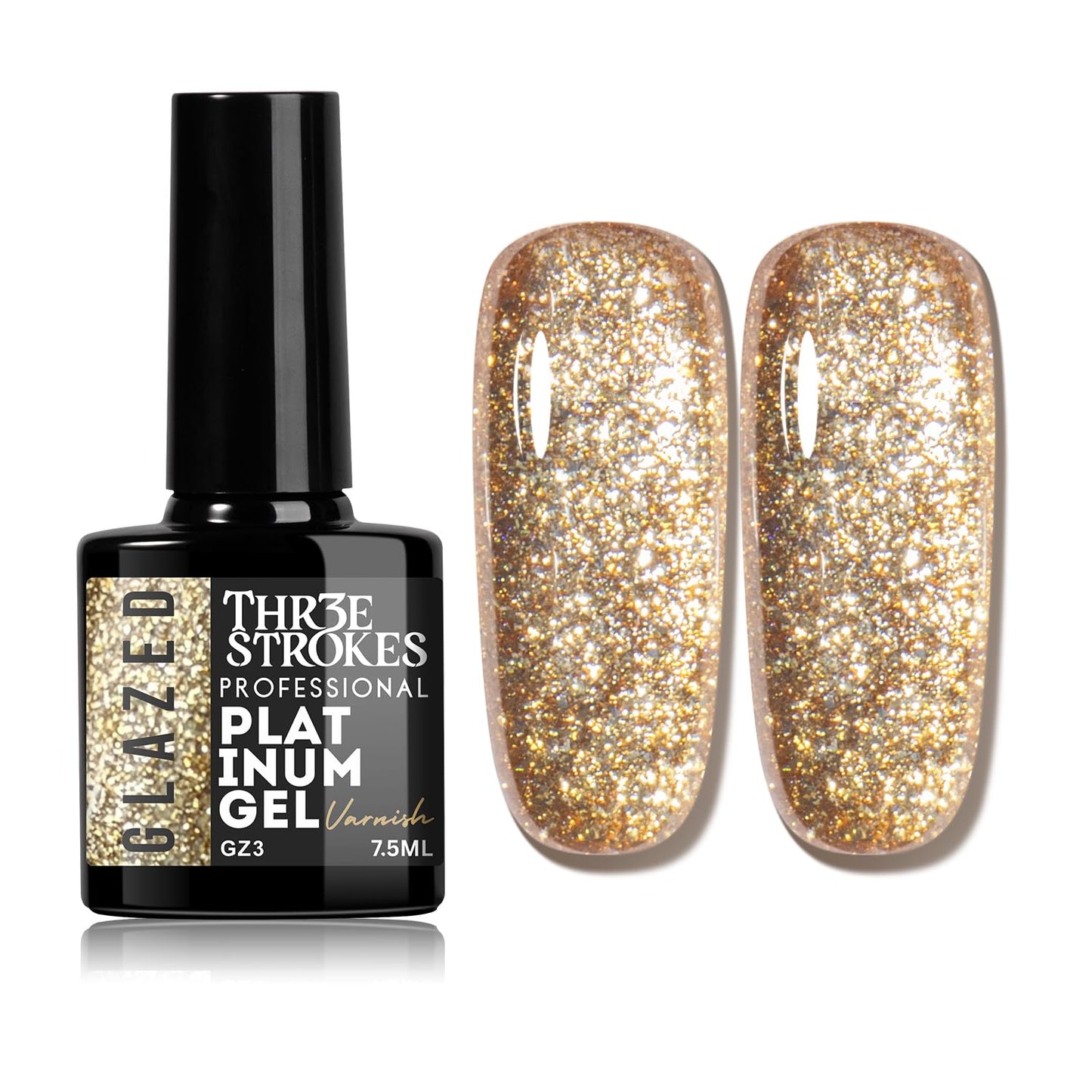 GV937 THR3E STROKES Glazed Platinum Glitter Gel Nail Polish | Super Shiny & Reflective | Professional Grade Nail Art Varnish | 12 Dazzling Colors | 7.5ml