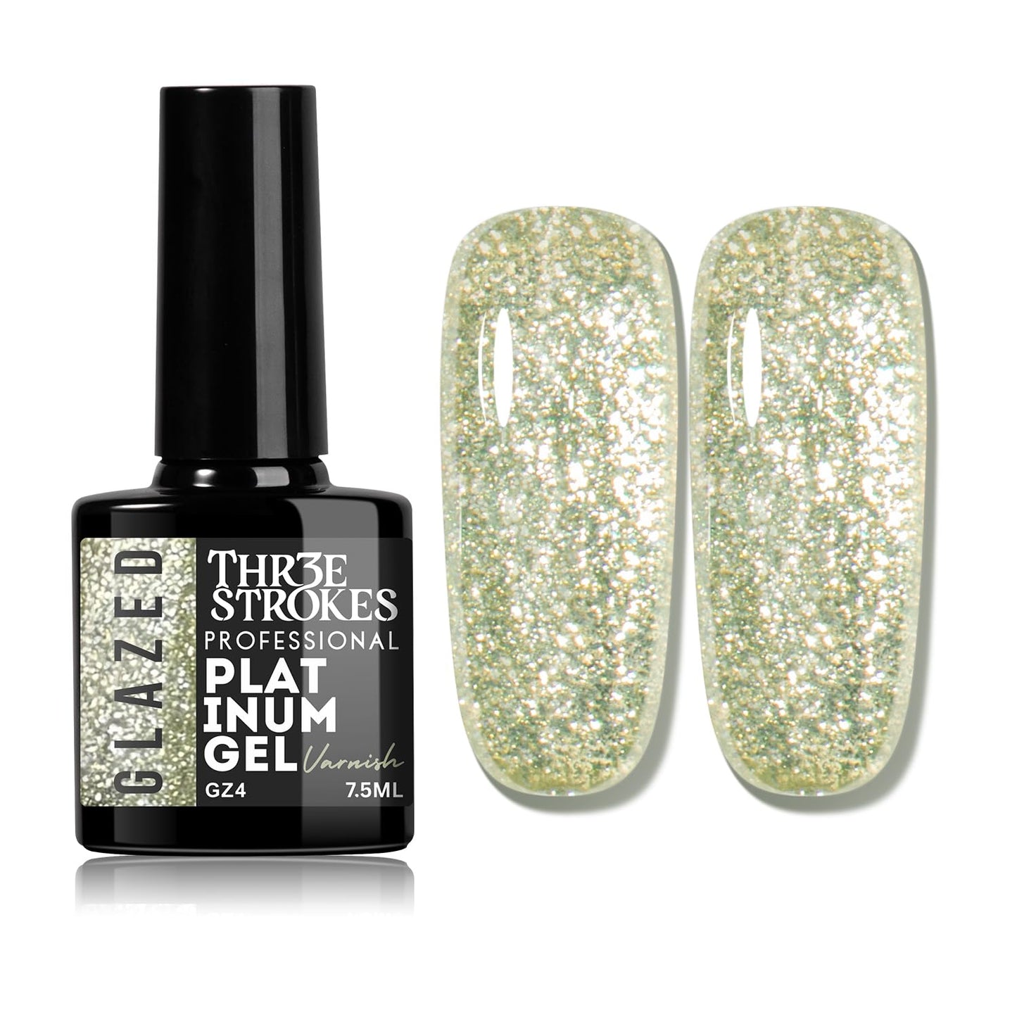 GV937 THR3E STROKES Glazed Platinum Glitter Gel Nail Polish | Super Shiny & Reflective | Professional Grade Nail Art Varnish | 12 Dazzling Colors | 7.5ml