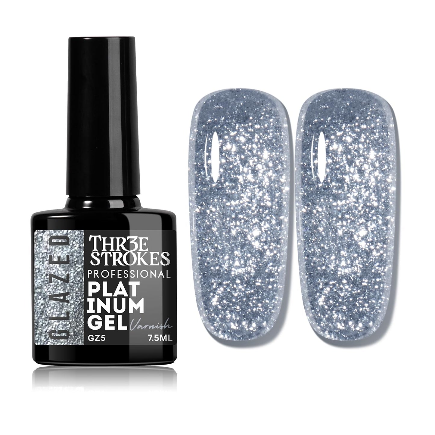 GV937 THR3E STROKES Glazed Platinum Glitter Gel Nail Polish | Super Shiny & Reflective | Professional Grade Nail Art Varnish | 12 Dazzling Colors | 7.5ml