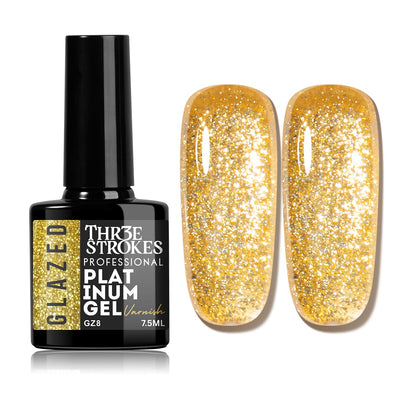GV937 THR3E STROKES Glazed Platinum Glitter Gel Nail Polish | Super Shiny & Reflective | Professional Grade Nail Art Varnish | 12 Dazzling Colors | 7.5ml