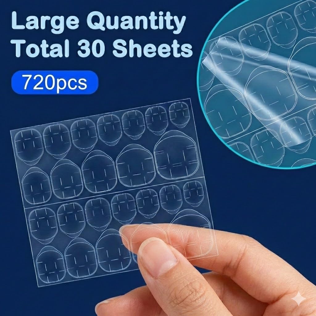 GV905 TS 720Pcs Nail Adhesive Tabs Double Sided Glue Stickers for Press on Nails - Waterproof Jelly Sticky False Nail Tips - Breathable Transparent Manicure Glue Sheets (30 Pack + 3 Orange Stick + 1FILLER)