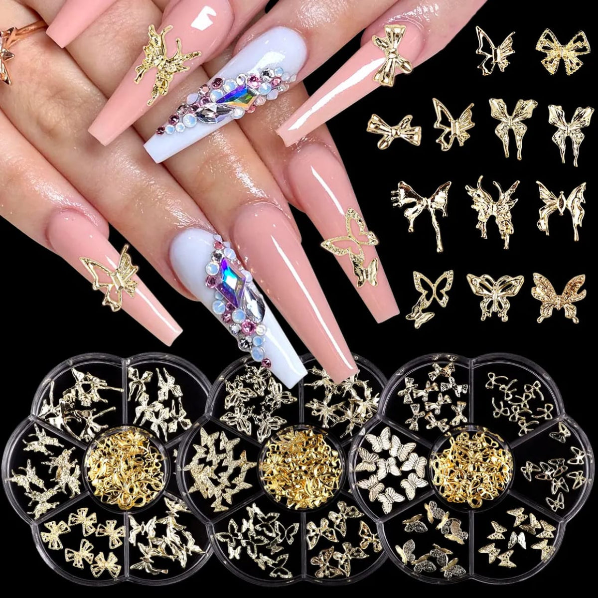 GV593 3D Gold Butterfly & Bow Nail Art Charms Set