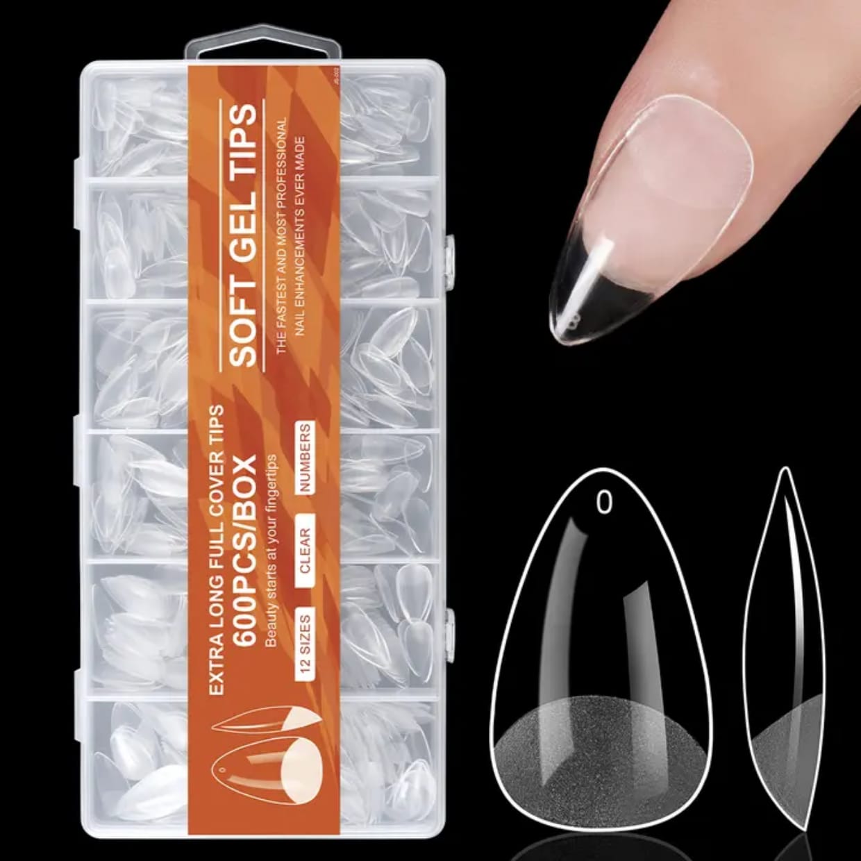 GV914 600pcs Soft Gel Nail Tips – Extra Long Full Cover Clear Nail Extensions, Pre-Shaped False Nails for Gel/Polygel/Acrylic (12 Sizes Box)