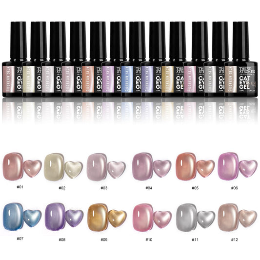 GV904 THR3E STROKES Korean Silk Cat Eye Gel Polish Set - 12 Colors (7.5ml) - Magnetic Velvet Shimmer Effect - UV/LED Soak Off Nail Art Manicure Kit (KS01-KS12) (KOREAN SILK)