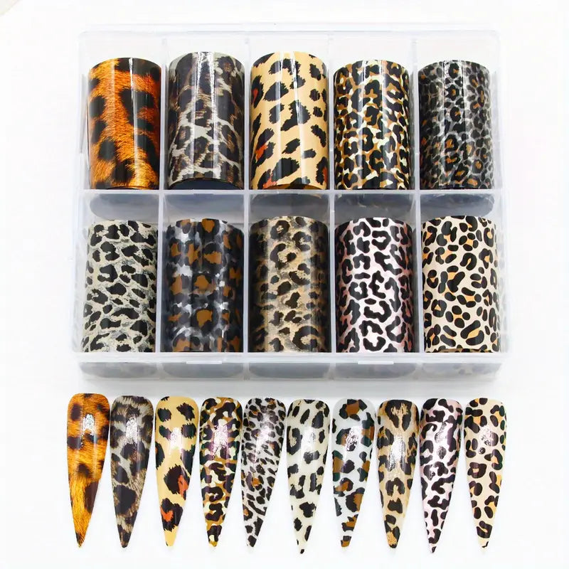 GV758 10PCS Leopard & Snake Print Nail Art Foil Stickers – Self-Adhesive Shimmering Transfer Sheets, No Heat or Lamp Needed