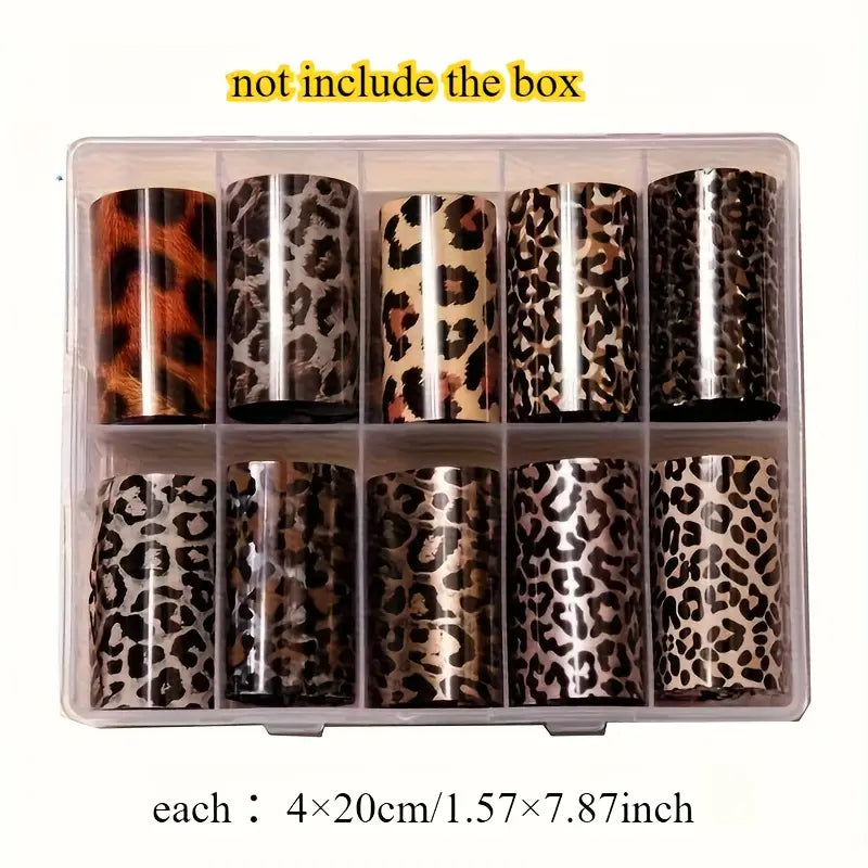 GV758 10PCS Leopard & Snake Print Nail Art Foil Stickers – Self-Adhesive Shimmering Transfer Sheets, No Heat or Lamp Needed