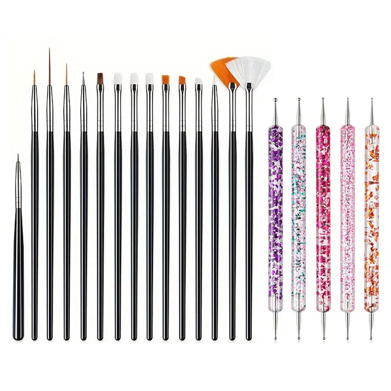 GV748 20pcs Professional Nail Art Brush Set – Acrylic & Gel Polish Design Tools with Flat, Fan, Liner, and Dotting Tips for Manicure