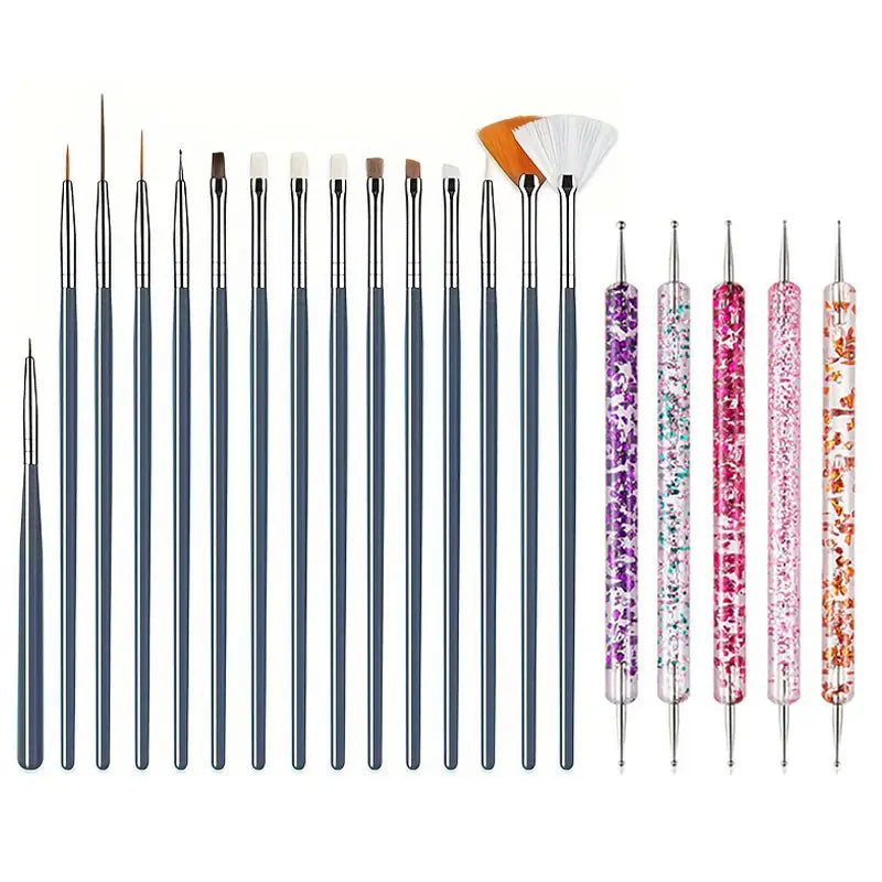 GV748 20pcs Professional Nail Art Brush Set – Acrylic & Gel Polish Design Tools with Flat, Fan, Liner, and Dotting Tips for Manicure