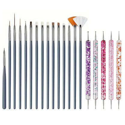 GV748 20pcs Professional Nail Art Brush Set – Acrylic & Gel Polish Design Tools with Flat, Fan, Liner, and Dotting Tips for Manicure
