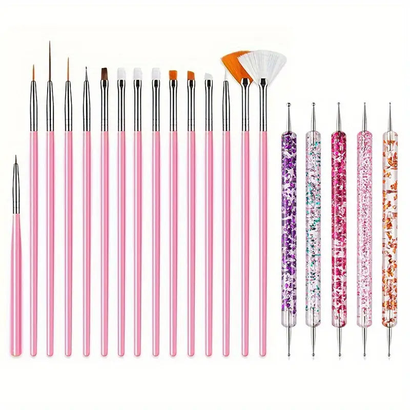 GV748 20pcs Professional Nail Art Brush Set – Acrylic & Gel Polish Design Tools with Flat, Fan, Liner, and Dotting Tips for Manicure