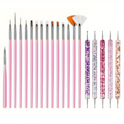 GV748 20pcs Professional Nail Art Brush Set – Acrylic & Gel Polish Design Tools with Flat, Fan, Liner, and Dotting Tips for Manicure