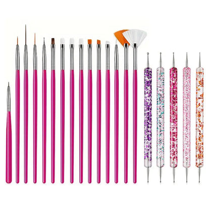GV748 20pcs Professional Nail Art Brush Set – Acrylic & Gel Polish Design Tools with Flat, Fan, Liner, and Dotting Tips for Manicure