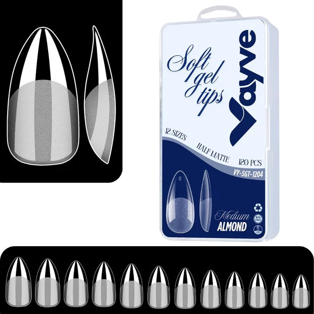 GV974 Vayve Soft Gel Nail Tips – Half Matte Pre Buff & Full Clear, 120 Pcs (12 Sizes)