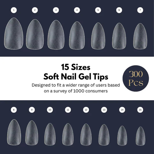 GV949 Vayve Soft Gel Nail Tips Matte Short Coffin 15 Sizes for Nail Extension Clear (Pack of 300)