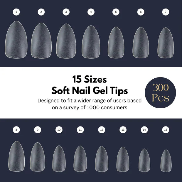 GV949 Vayve Soft Gel Nail Tips Matte Short Coffin 15 Sizes for Nail Extension Clear (Pack of 300)
