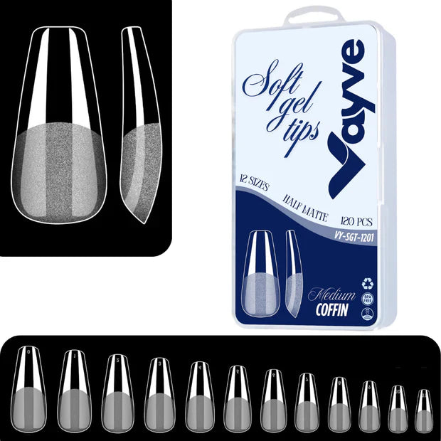 GV974 Vayve Soft Gel Nail Tips – Half Matte Pre Buff & Full Clear, 120 Pcs (12 Sizes)