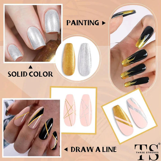 GV1089 THR3E STROKES Gold Mirror Liner Gel 10ml – Metallic Chrome Nail Art Painting Gel with Fine Brush for UV/LED Gel Nail Designs