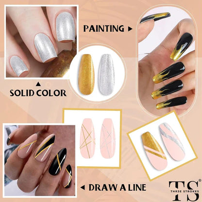 GV1090 THR3E STROKES Rose Gold Mirror Liner Gel 10ml – Metallic Chrome Nail Art Painting Gel with Fine Brush for UV/LED Gel Nail Designs
