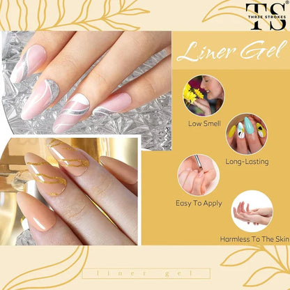 GV1089 THR3E STROKES Gold Mirror Liner Gel 10ml – Metallic Chrome Nail Art Painting Gel with Fine Brush for UV/LED Gel Nail Designs