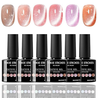 NP09 THR3E STROKES Gel NailPolish Cat Eye Gel Nail Polish Set, 6 Color Jelly Shimmer Glass Cat Eye Gel Nail Polish with Magnet Nude Reflective Clear Champagne Pink Purple Magnetic Gel Polish Gift Set 7ML (UV/LED LIGHT REQUIRED)