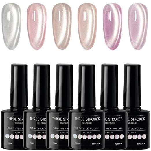 NP09 THR3E STROKES Gel NailPolish Cat Eye Gel Nail Polish Set, 6 Color Jelly Shimmer Glass Cat Eye Gel Nail Polish with Magnet Nude Reflective Clear Champagne Pink Purple Magnetic Gel Polish Gift Set 7ML (UV/LED LIGHT REQUIRED)