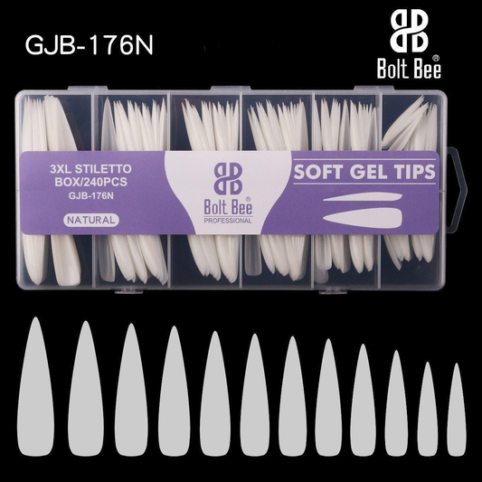 NP76 Bolt Bee Professional 3XL Stiletto Natural Soft Gel Nail Tips - GJB-176N (Box of 240 Pcs)