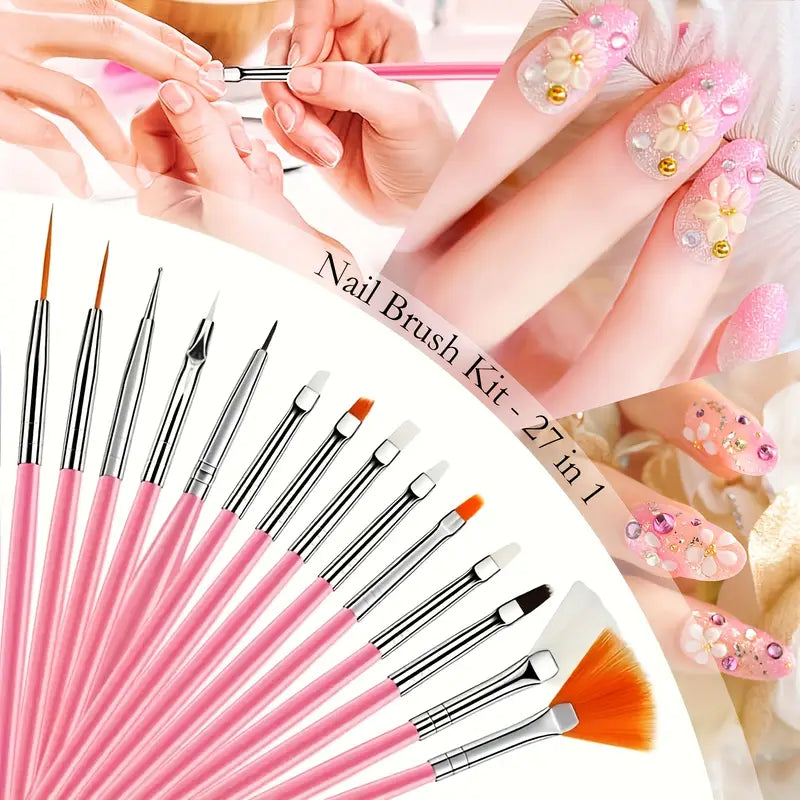 GV755 27-in-1 Professional Nail Art Kit – All-in-One 2-in-1 Brush & Pen System with Dotting Tools, Stamping Pen & Nail Brushes for Gel & Acrylic Nail Design (No Gel Polish Colors Included)