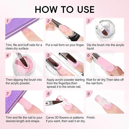 GV831 THR3E STROKES Acrylic Nail Extension Kit, Acrylic Powder x3, Monomer, Dappen Glass & Carving Pen (6 Items in the set) Nail Art Kit