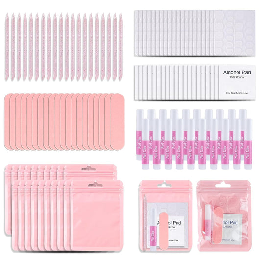 GV1004 INOG Press On Nail Tool Kit with Everything, Bebbtiy Nail Prep Tool Disposable Manicure Kit with Nail File, Nail Glue, Prep Pads, Adhesive Nail Tabs,Wood Stick, Packaging Bag (20pcs-pink)