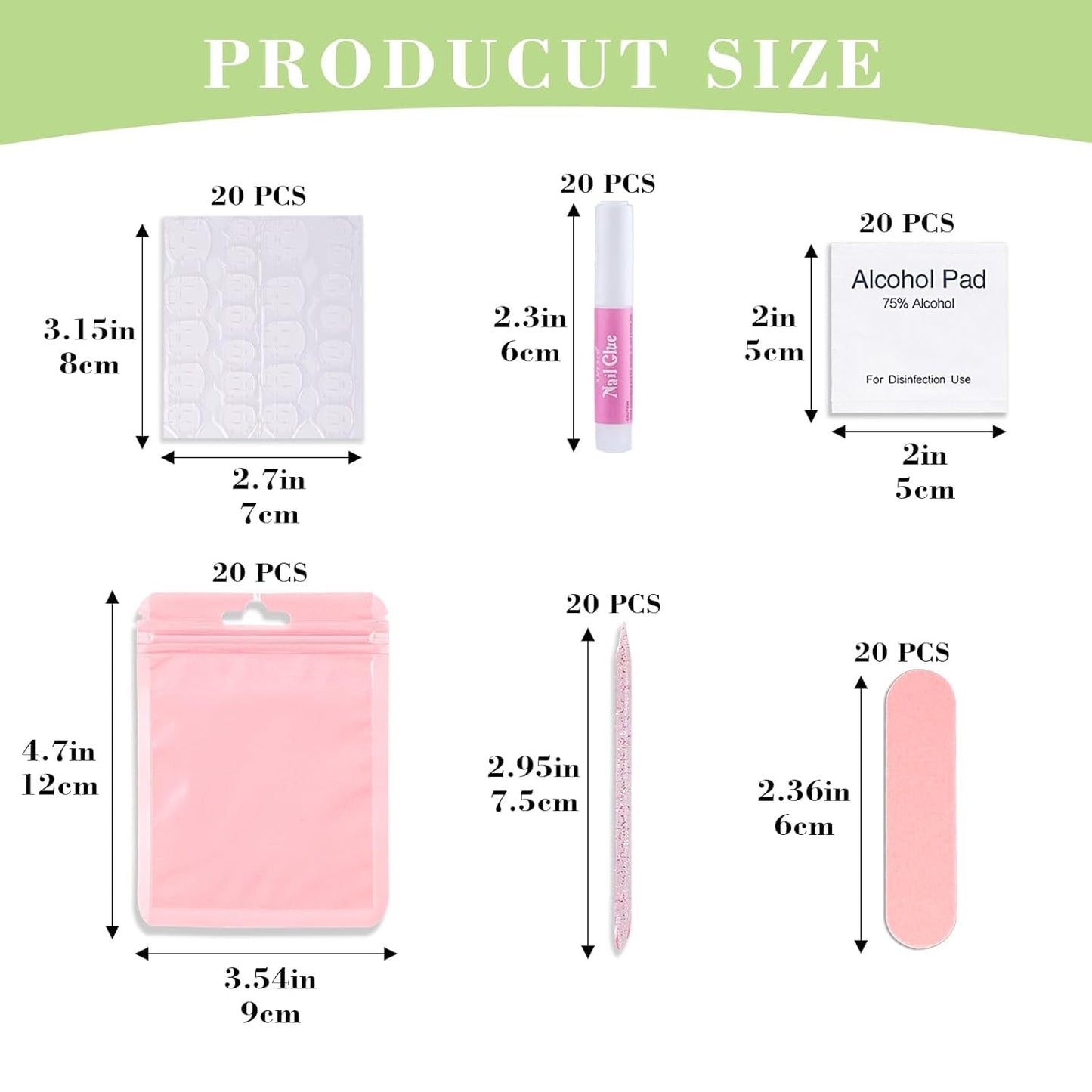 GV1004 INOG Press On Nail Tool Kit with Everything, Bebbtiy Nail Prep Tool Disposable Manicure Kit with Nail File, Nail Glue, Prep Pads, Adhesive Nail Tabs,Wood Stick, Packaging Bag (20pcs-pink)