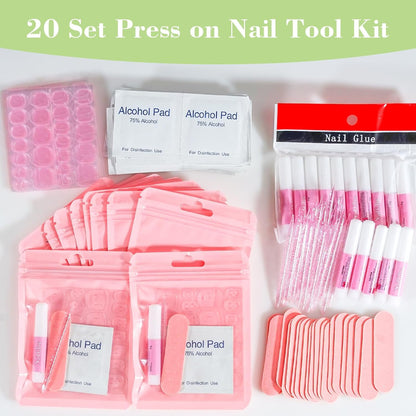 GV1004 INOG Press On Nail Tool Kit with Everything, Bebbtiy Nail Prep Tool Disposable Manicure Kit with Nail File, Nail Glue, Prep Pads, Adhesive Nail Tabs,Wood Stick, Packaging Bag (20pcs-pink)