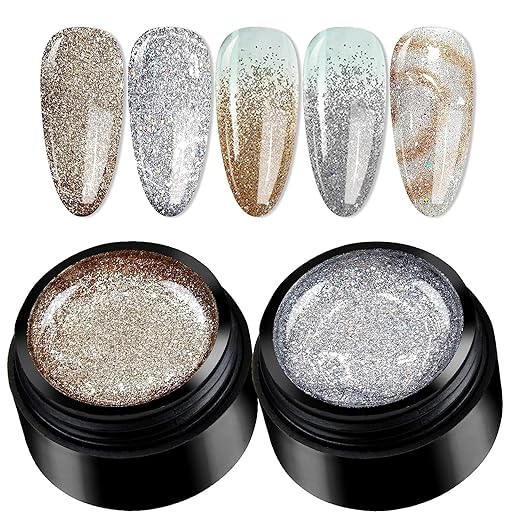 NP05 QUEENFINGER 2 Color Metallic Painting Gel, Golden Silver Painted Gel Nail Polish 3D Metal Painting Gel Drawing Nail Gel Glossy Soak Off UVLED DIY Nail Art Manicure