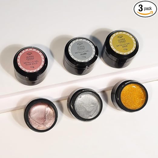 NP06 QUEENFINGER Metallic Gel Nail Polish, 3D Gold, Silver, Rose Gold for Cyber Punk French Nail Design (Pack of 3) 1E+1 grams