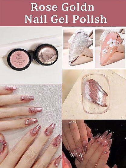 NP06 QUEENFINGER Metallic Gel Nail Polish, 3D Gold, Silver, Rose Gold for Cyber Punk French Nail Design (Pack of 3) 1E+1 grams
