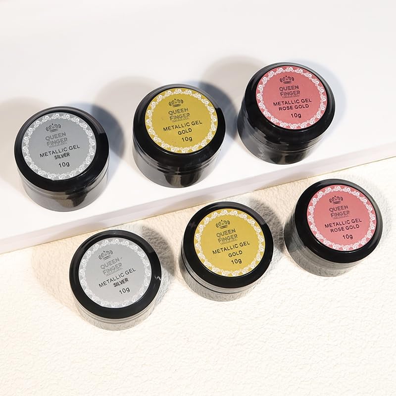 NP06 QUEENFINGER Metallic Gel Nail Polish, 3D Gold, Silver, Rose Gold for Cyber Punk French Nail Design (Pack of 3) 1E+1 grams