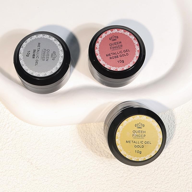 NP06 QUEENFINGER Metallic Gel Nail Polish, 3D Gold, Silver, Rose Gold for Cyber Punk French Nail Design (Pack of 3) 1E+1 grams