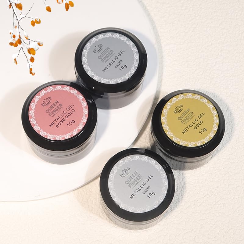 NP06 QUEENFINGER Metallic Gel Nail Polish, 3D Gold, Silver, Rose Gold for Cyber Punk French Nail Design (Pack of 3) 1E+1 grams