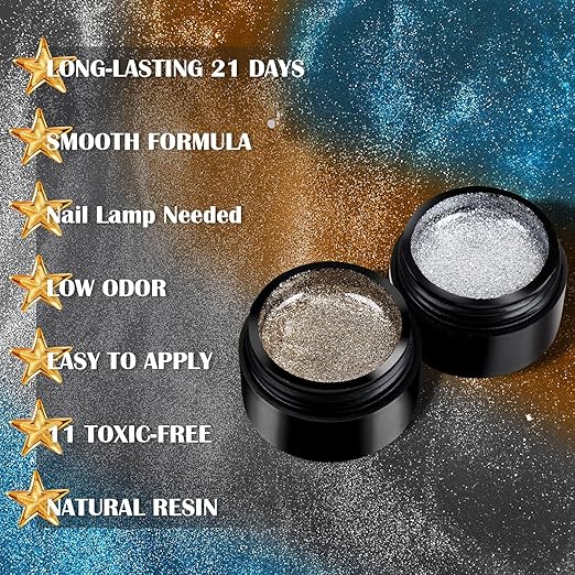 NP05 QUEENFINGER 2 Color Metallic Painting Gel, Golden Silver Painted Gel Nail Polish 3D Metal Painting Gel Drawing Nail Gel Glossy Soak Off UVLED DIY Nail Art Manicure