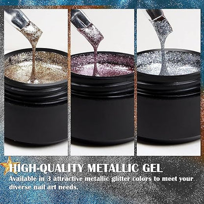 NP05 QUEENFINGER 2 Color Metallic Painting Gel, Golden Silver Painted Gel Nail Polish 3D Metal Painting Gel Drawing Nail Gel Glossy Soak Off UVLED DIY Nail Art Manicure