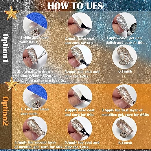 NP05 QUEENFINGER 2 Color Metallic Painting Gel, Golden Silver Painted Gel Nail Polish 3D Metal Painting Gel Drawing Nail Gel Glossy Soak Off UVLED DIY Nail Art Manicure