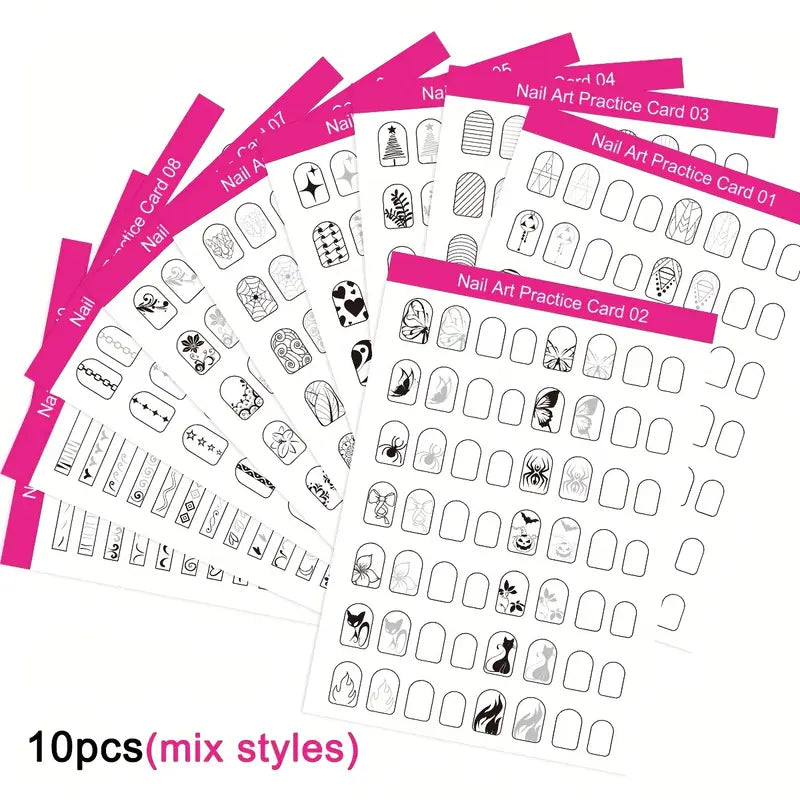 GV756 10PCS MSOKAY Reusable Nail Art Practice Cards – Step-by-Step Design Guides, Press-On & Acrylic Nail Training Sheets for Beginners & Professionals