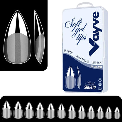 GV974 Vayve Soft Gel Nail Tips – Half Matte Pre Buff & Full Clear, 120 Pcs (12 Sizes)
