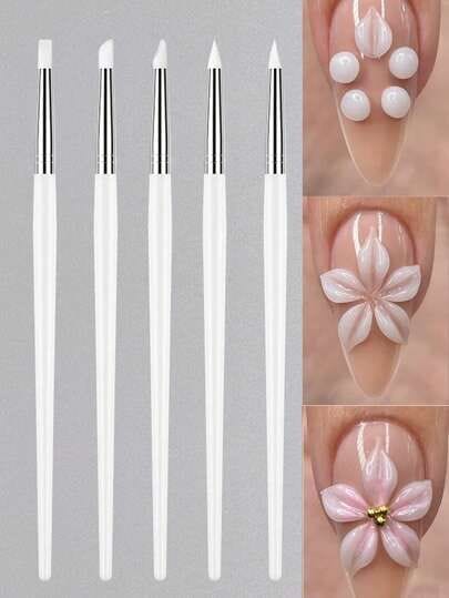 GV632 5pcs Silicone Nail Art Brush Set – 3D Petal & Flower Design Tools for Nail Decoration