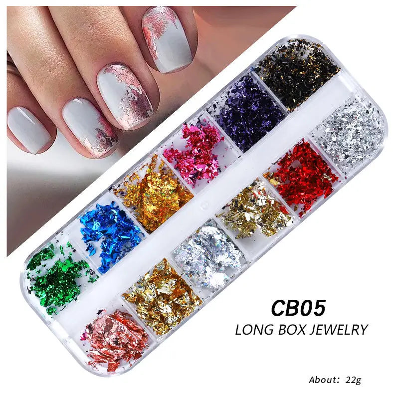 GV766 12 Colors Holographic Nail Art Foil Set – Ultra-Thin Glitter Stickers & Laser Sequins for 3D Manicure and DIY Nail Design