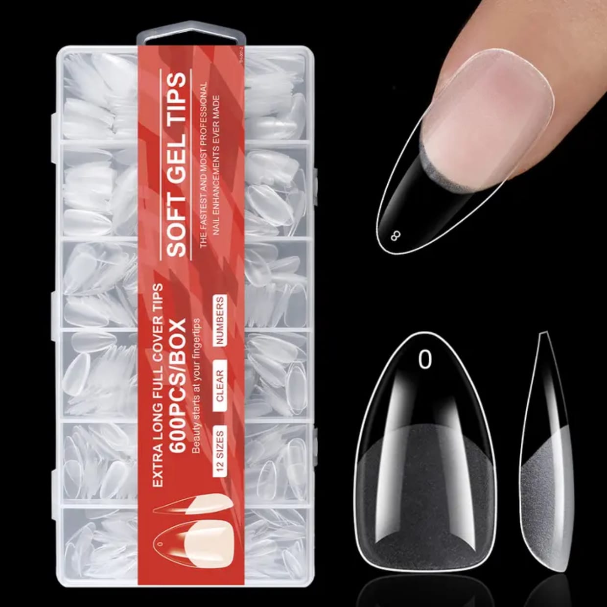GV914 600pcs Soft Gel Nail Tips – Extra Long Full Cover Clear Nail Extensions, Pre-Shaped False Nails for Gel/Polygel/Acrylic (12 Sizes Box)