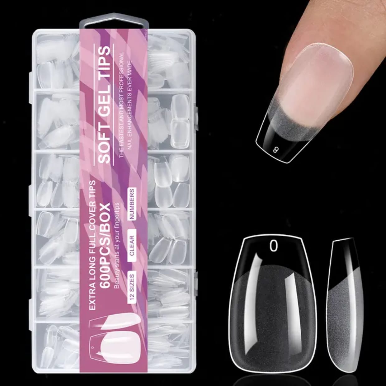 GV914 600pcs Soft Gel Nail Tips – Extra Long Full Cover Clear Nail Extensions, Pre-Shaped False Nails for Gel/Polygel/Acrylic (12 Sizes Box)