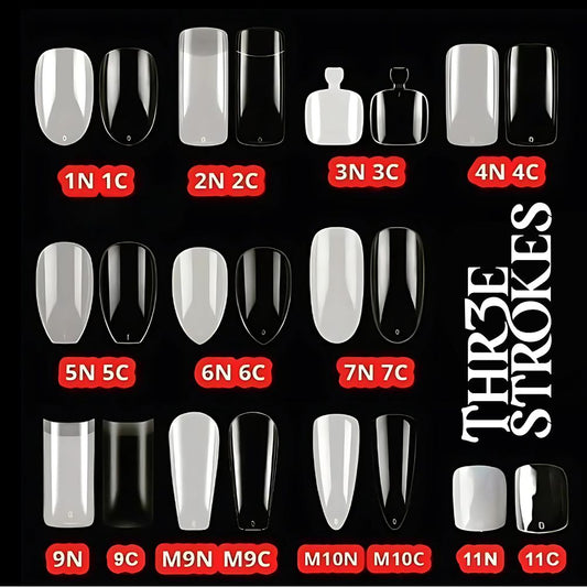 GV409 THR3E STROKES 500PCS Acrylic Nail Tips – Natural & Clear – 10 Shapes (Almond, Coffin, Stiletto, Oval, Full Cut Square, Half Cut Square, Toe Nails)